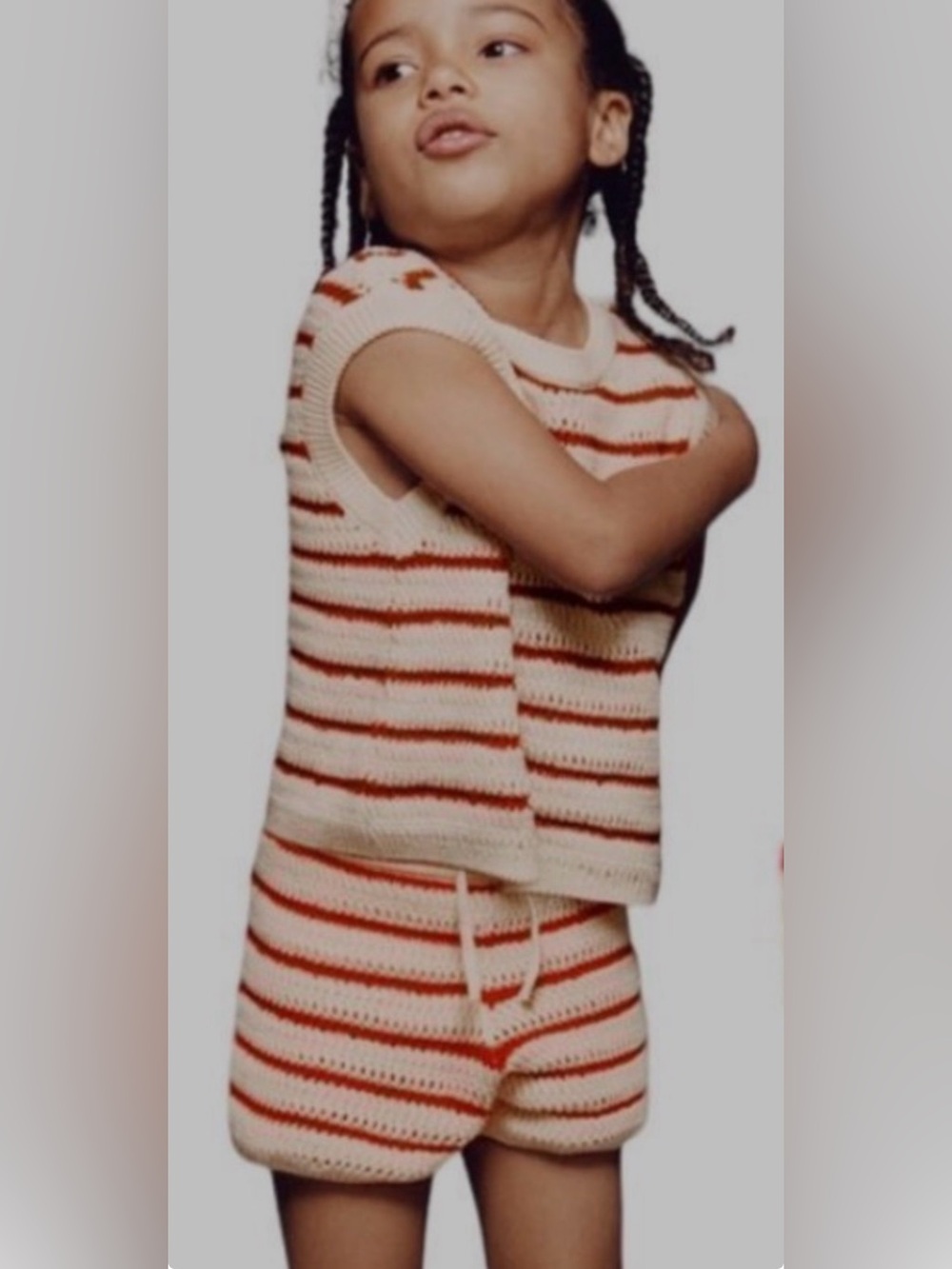 Zara Striped Crochet Knit Tank / Shorts Matching Set Cream & Red 4-5 Years
